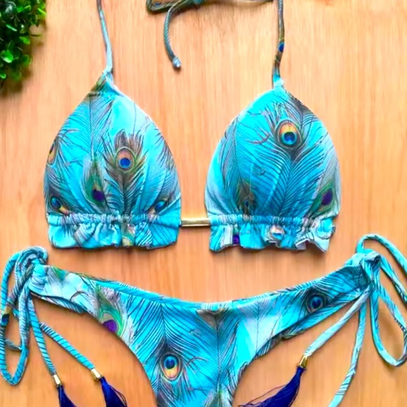 Turquoise Blue Peacock Thong Bikini Size L - Picture 2 of 6